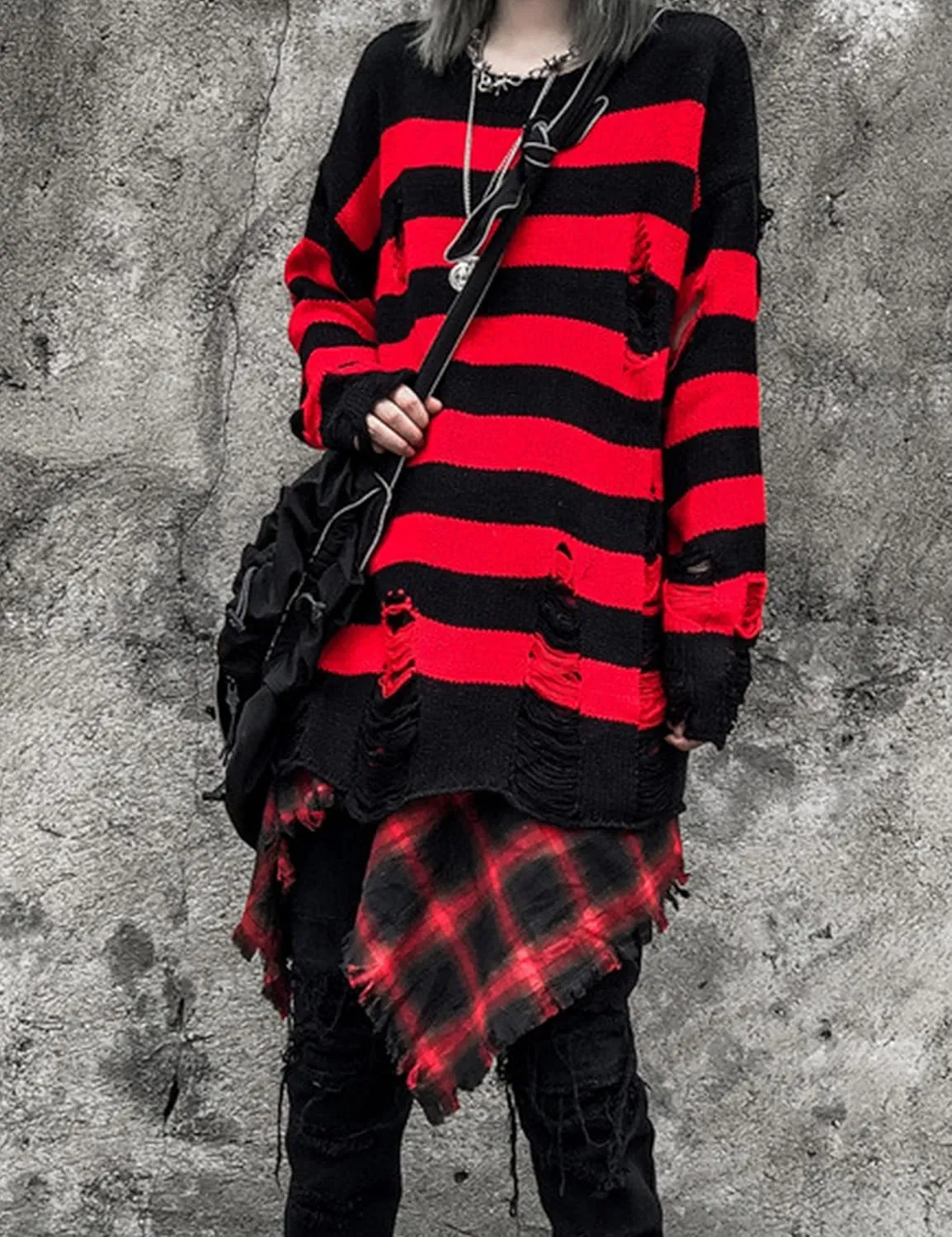 Zhiyouni Womens Punk Gothic Sweater Loose Oversized Striped Ripped Pullover Knit Sweaters