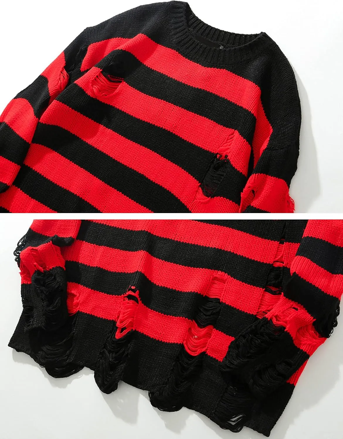Zhiyouni Womens Punk Gothic Sweater Loose Oversized Striped Ripped Pullover Knit Sweaters