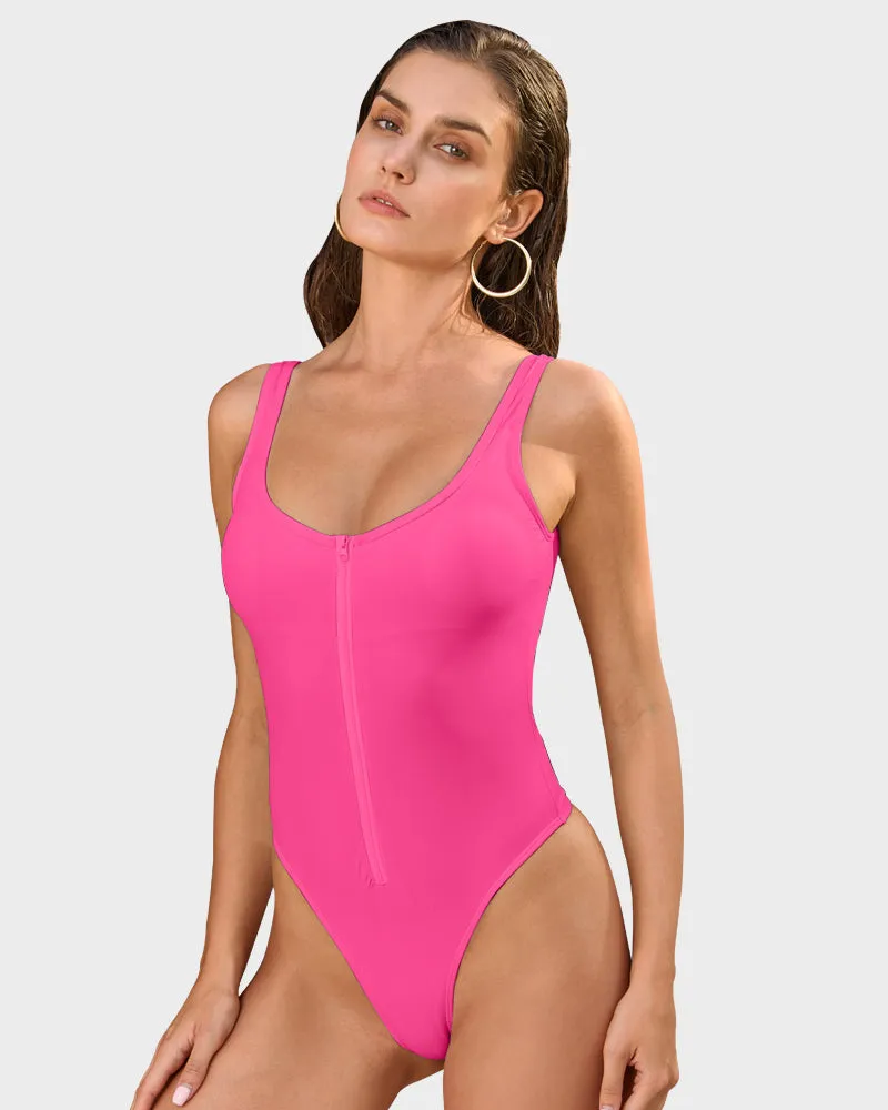 Zip-Front Tank Style Thong Back One-Piece Swimsuit