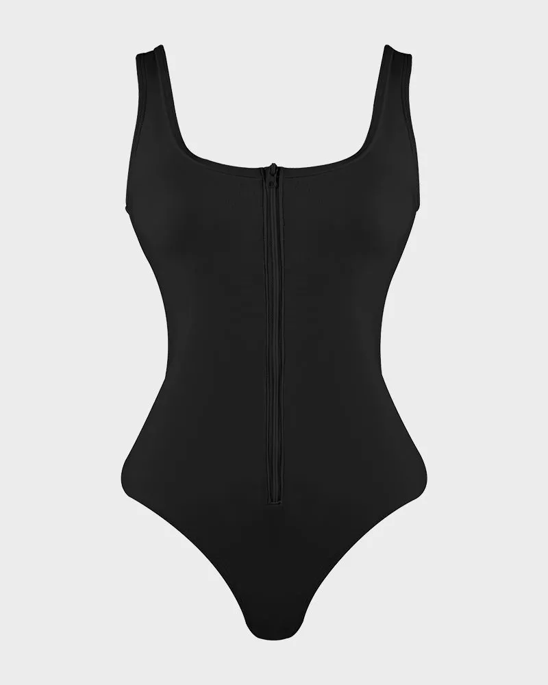 Zip-Front Tank Style Thong Back One-Piece Swimsuit