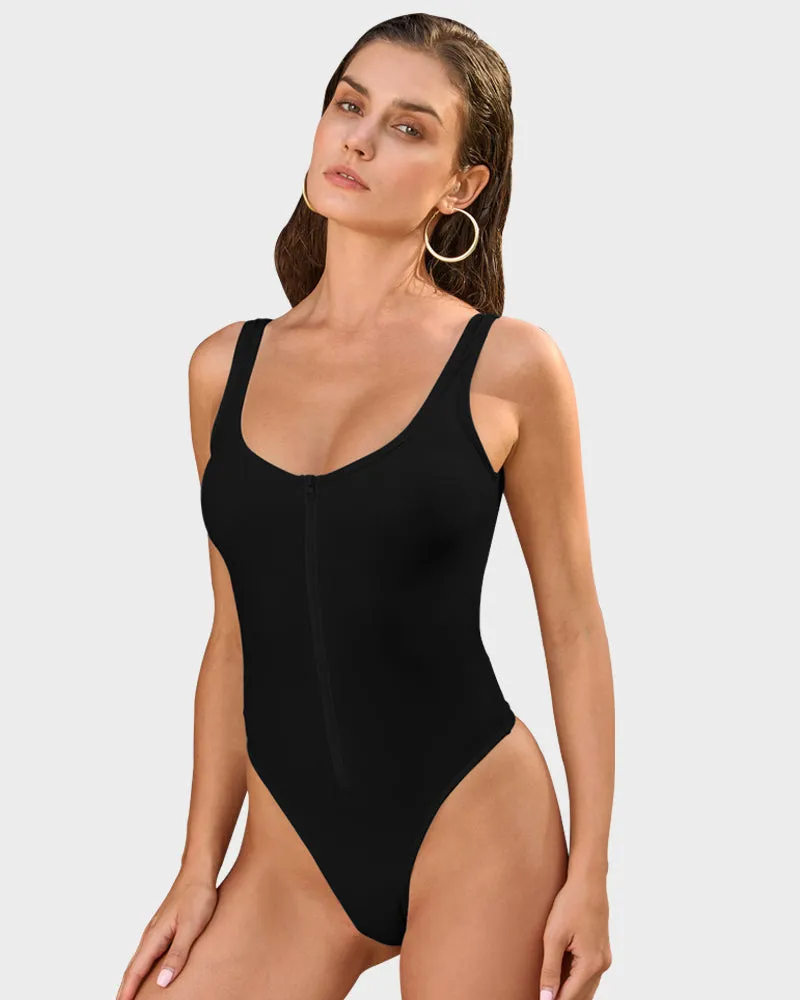 Zip-Front Tank Style Thong Back One-Piece Swimsuit