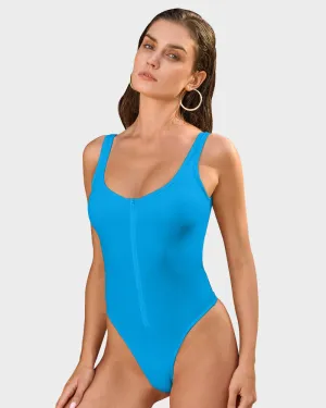 Zip-Front Tank Style Thong Back One-Piece Swimsuit