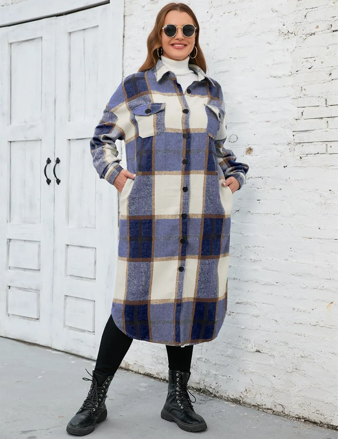 ZOMVA 2024 Women's 0X-5X Plus Size Long Flannel Plaid Shacket Jacket Oversized Button Down Coats Shirts with Pockets