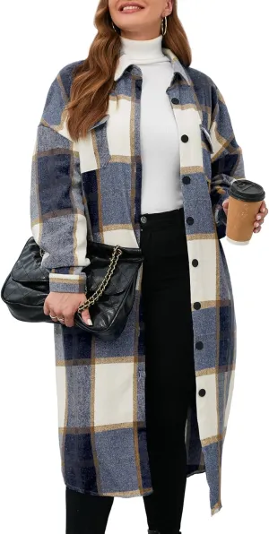 ZOMVA 2024 Women's 0X-5X Plus Size Long Flannel Plaid Shacket Jacket Oversized Button Down Coats Shirts with Pockets