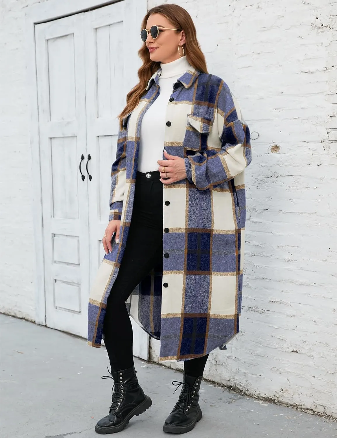 ZOMVA 2024 Women's 0X-5X Plus Size Long Flannel Plaid Shacket Jacket Oversized Button Down Coats Shirts with Pockets