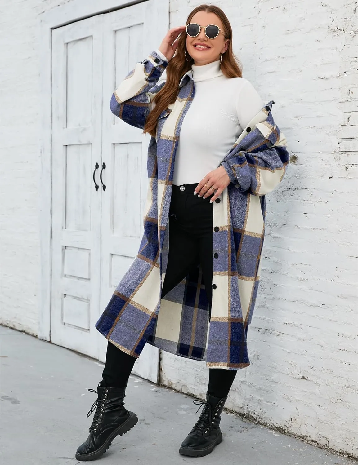 ZOMVA 2024 Women's 0X-5X Plus Size Long Flannel Plaid Shacket Jacket Oversized Button Down Coats Shirts with Pockets