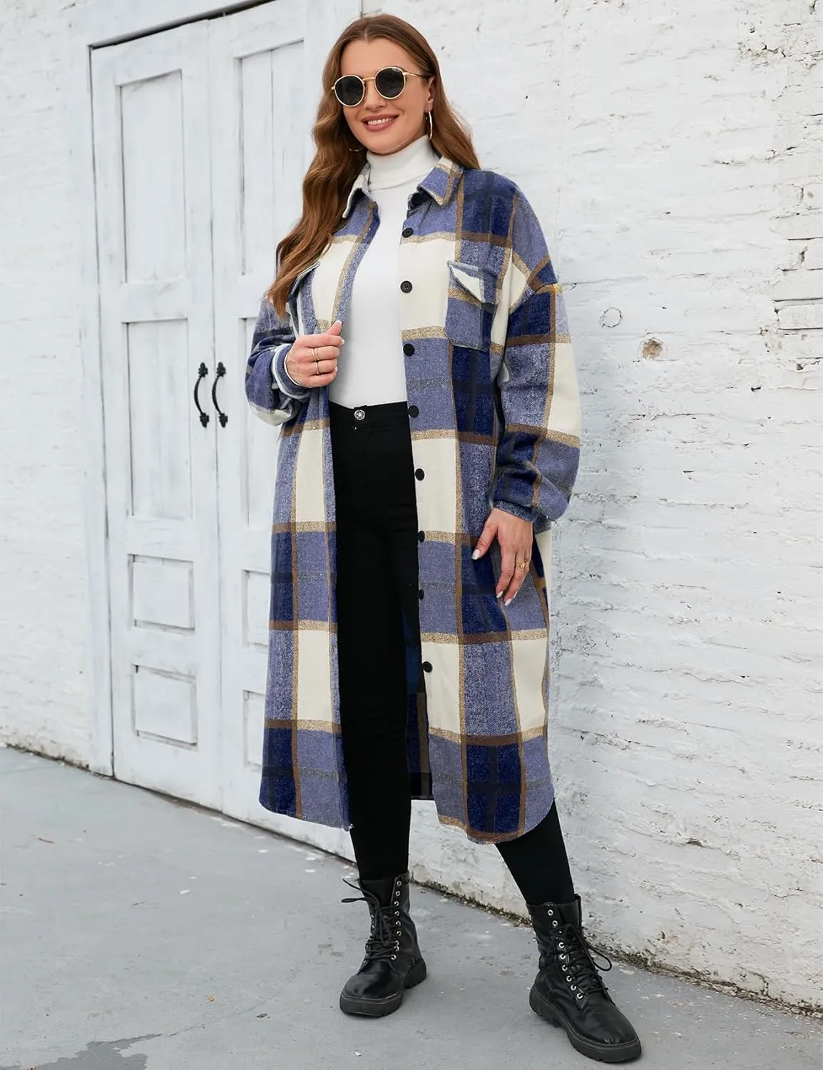 ZOMVA 2024 Women's 0X-5X Plus Size Long Flannel Plaid Shacket Jacket Oversized Button Down Coats Shirts with Pockets