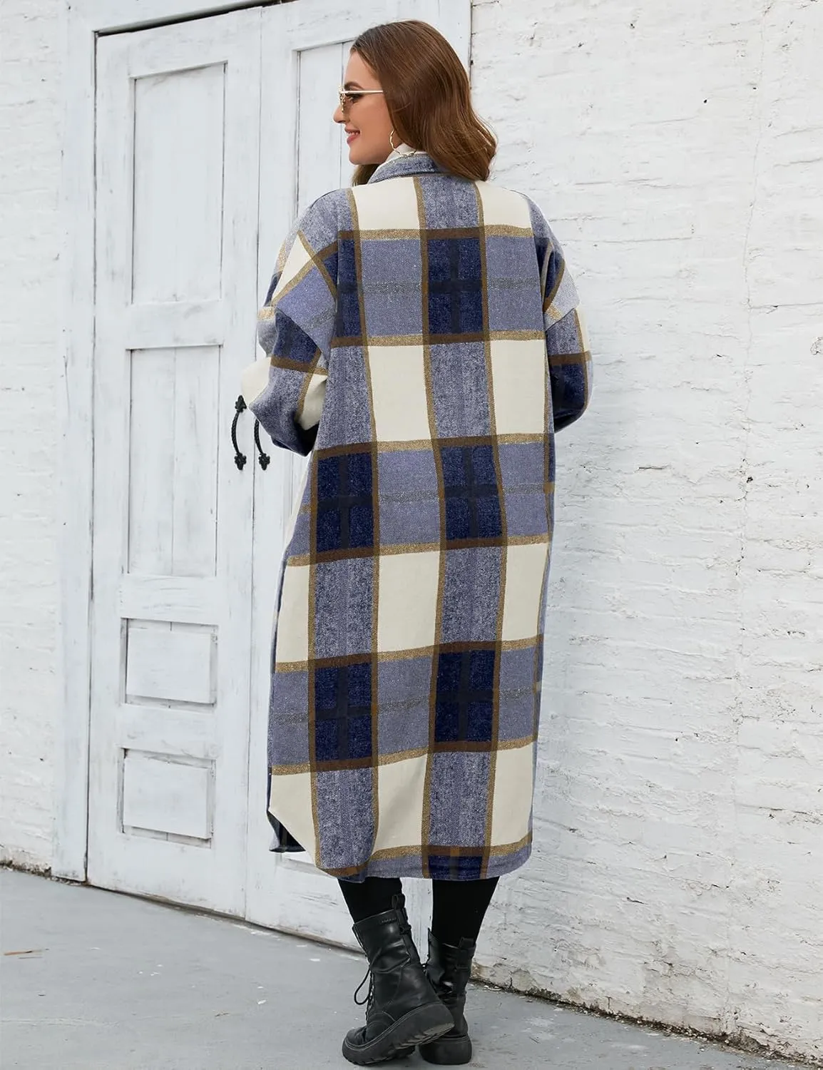 ZOMVA 2024 Women's 0X-5X Plus Size Long Flannel Plaid Shacket Jacket Oversized Button Down Coats Shirts with Pockets