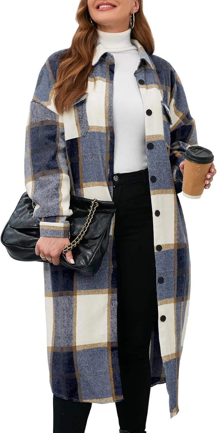 ZOMVA 2024 Women's 0X-5X Plus Size Long Flannel Plaid Shacket Jacket Oversized Button Down Coats Shirts with Pockets