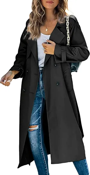 Zontroldy Women's Double Breasted Long Trench Coat Lapel Solid Color Windbreaker Jacket with Belt