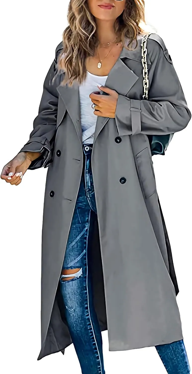 Zontroldy Women's Double Breasted Long Trench Coat Lapel Solid Color Windbreaker Jacket with Belt