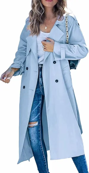 Zontroldy Women's Double Breasted Long Trench Coat Lapel Solid Color Windbreaker Jacket with Belt