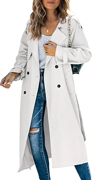 Zontroldy Women's Double Breasted Long Trench Coat Lapel Solid Color Windbreaker Jacket with Belt