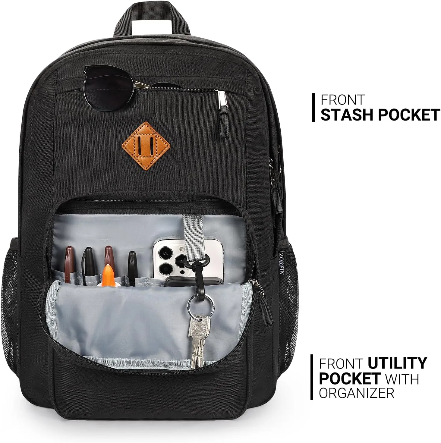 ZORFIN 26L Black Backpack for School Travel: Water Resistant Bookbag with 8 Compartments