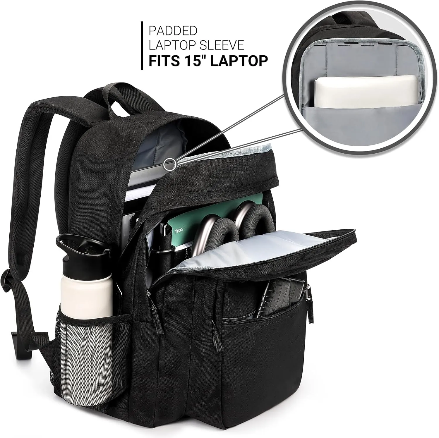 ZORFIN 26L Black Backpack for School Travel: Water Resistant Bookbag with 8 Compartments