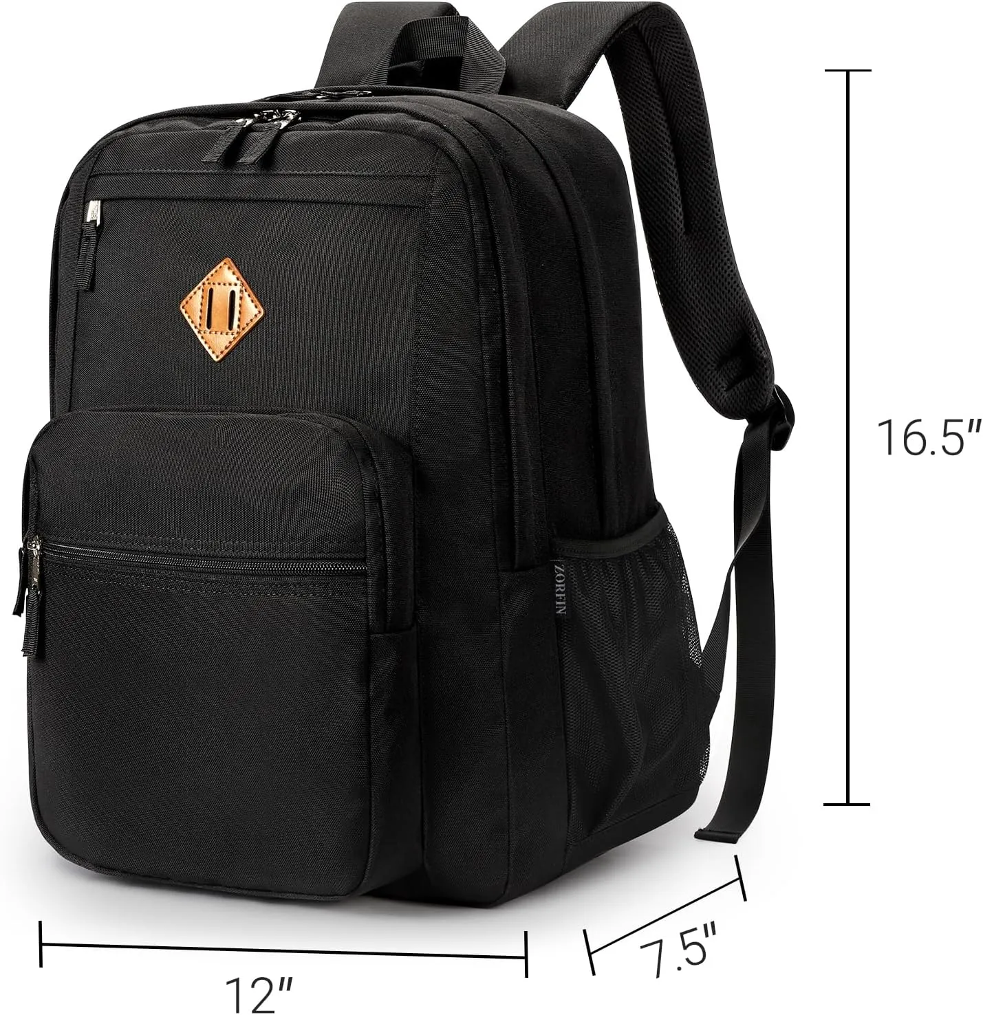 ZORFIN 26L Black Backpack for School Travel: Water Resistant Bookbag with 8 Compartments