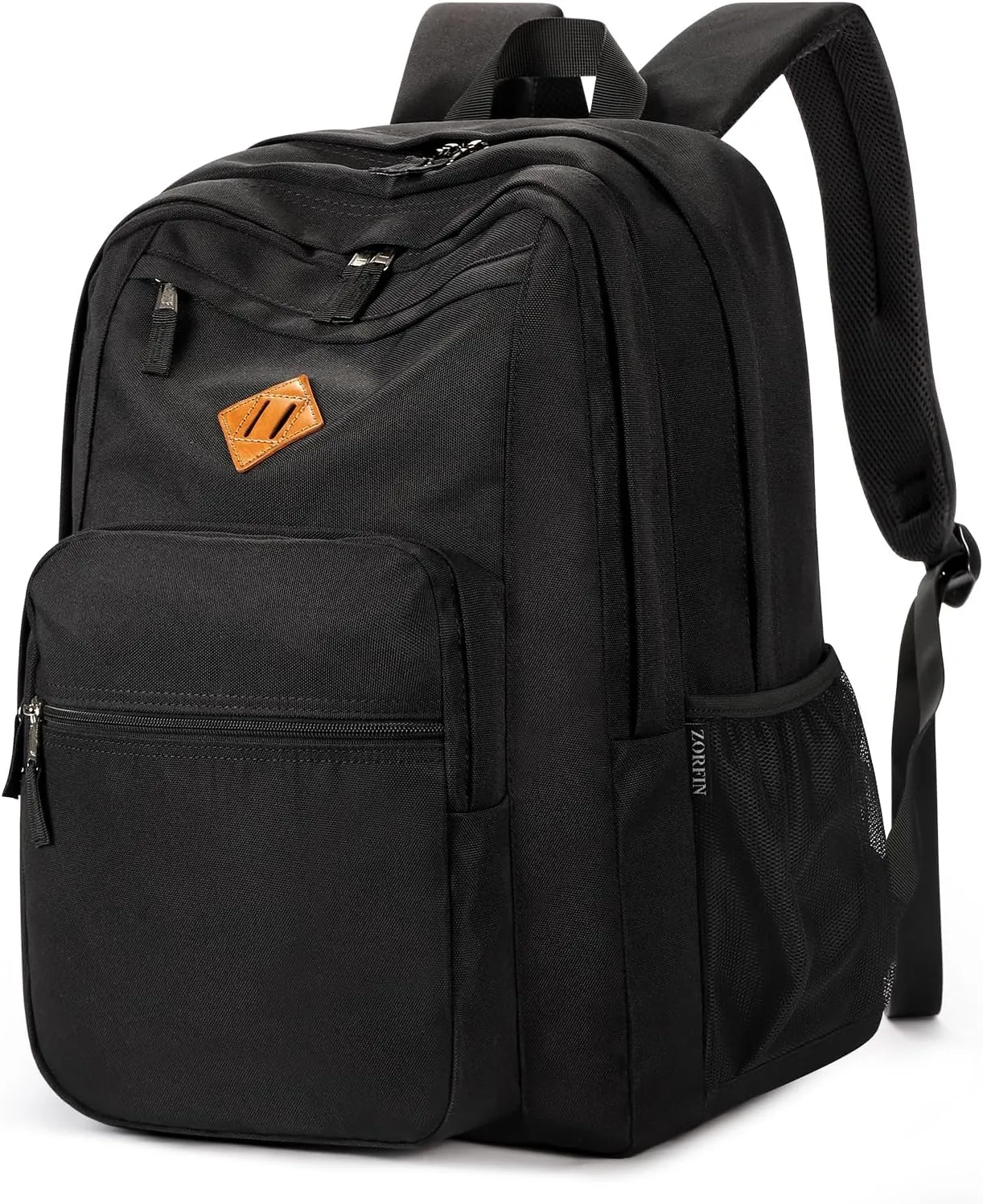 ZORFIN 26L Black Backpack for School Travel: Water Resistant Bookbag with 8 Compartments