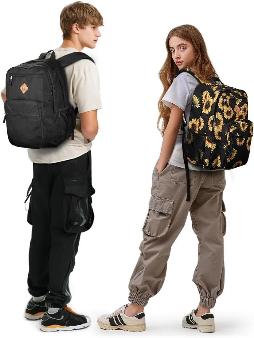 ZORFIN 26L Black Backpack for School Travel: Water Resistant Bookbag with 8 Compartments