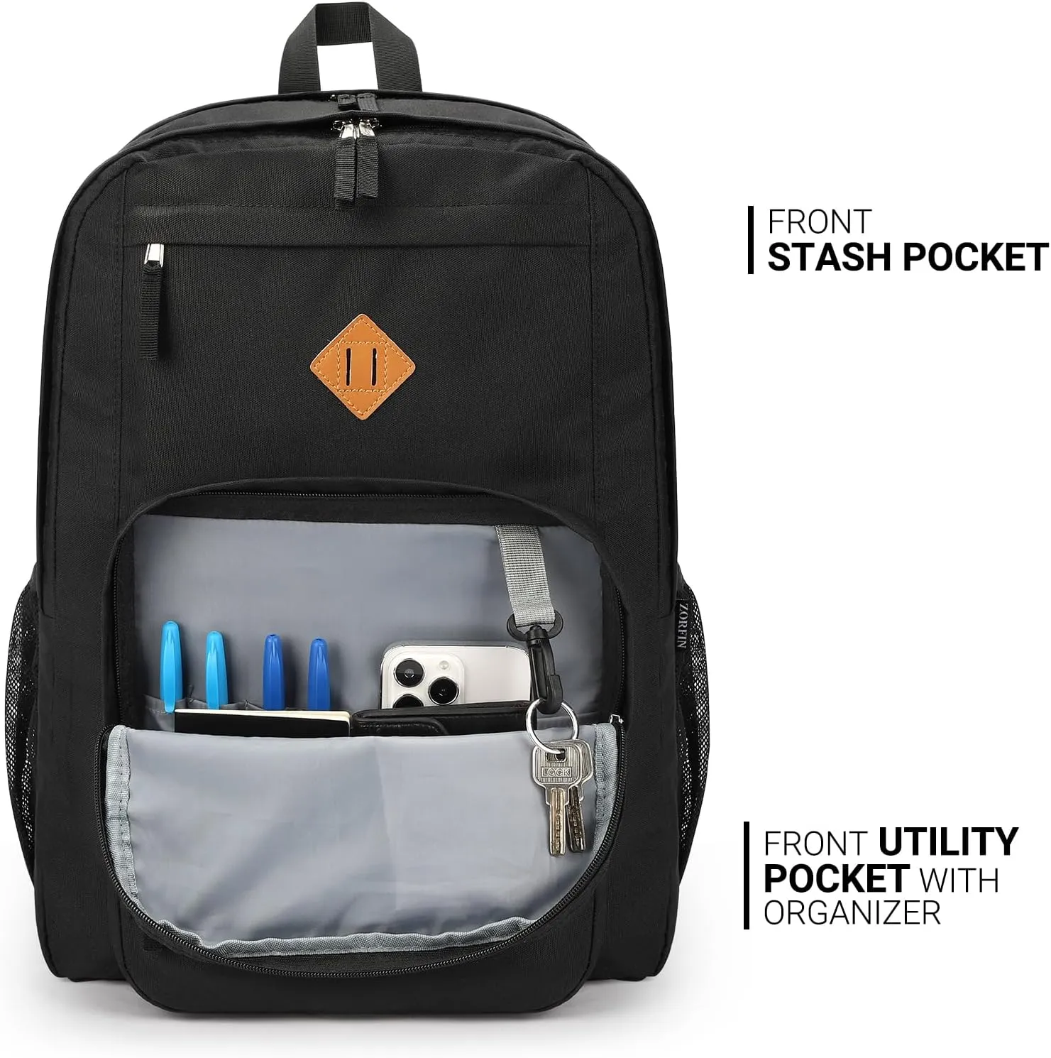 ZORFIN 36L Black Backpack for School Travel: Water Resistant Bookbag with 8 Compartments