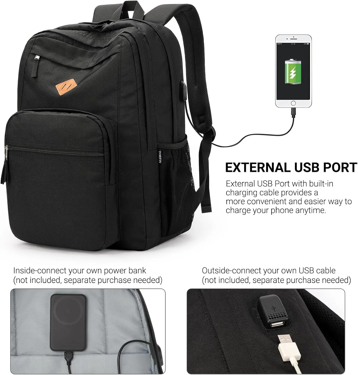 ZORFIN 36L Black Backpack for School Travel: Water Resistant Bookbag with 8 Compartments