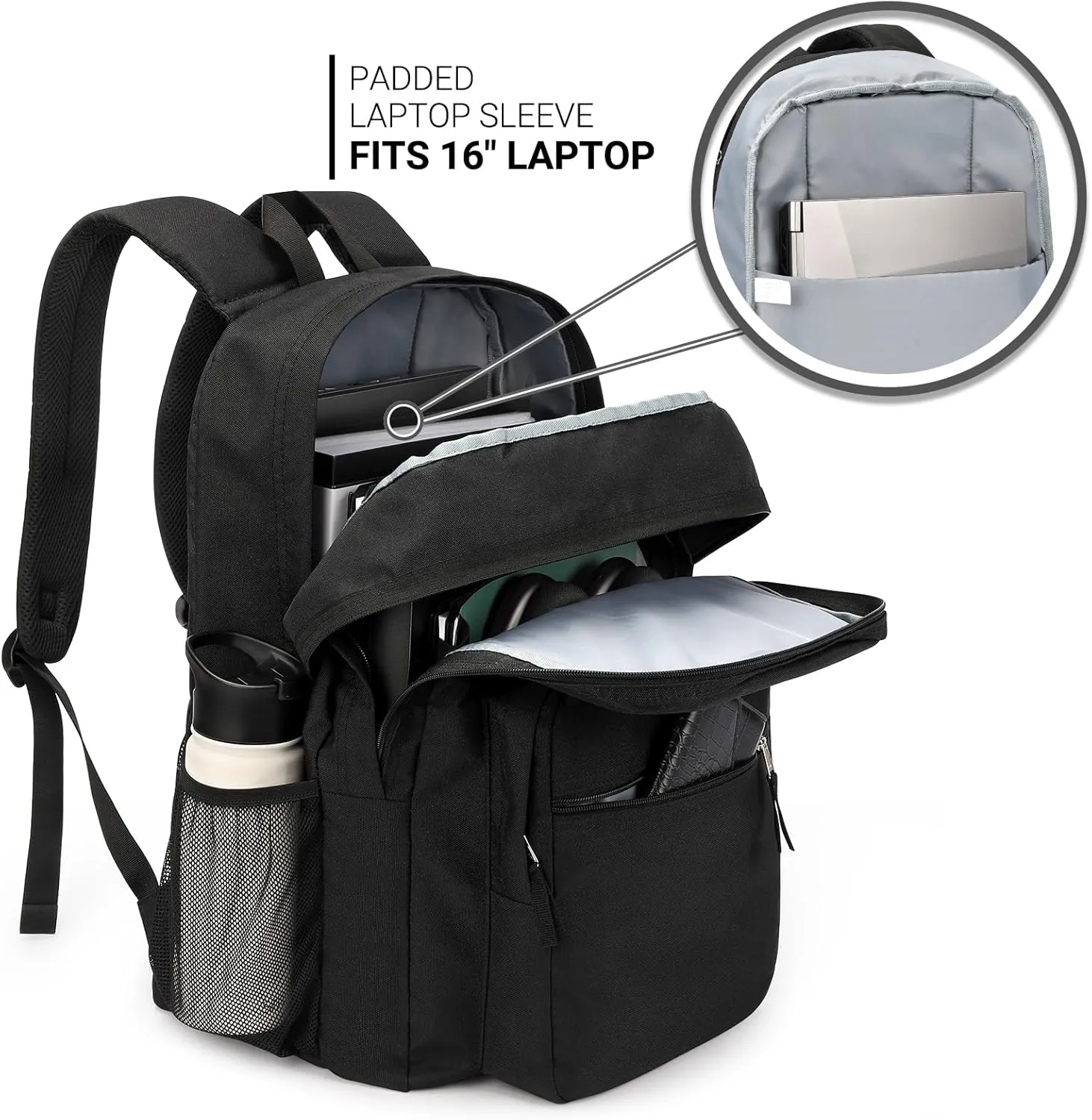 ZORFIN 36L Black Backpack for School Travel: Water Resistant Bookbag with 8 Compartments