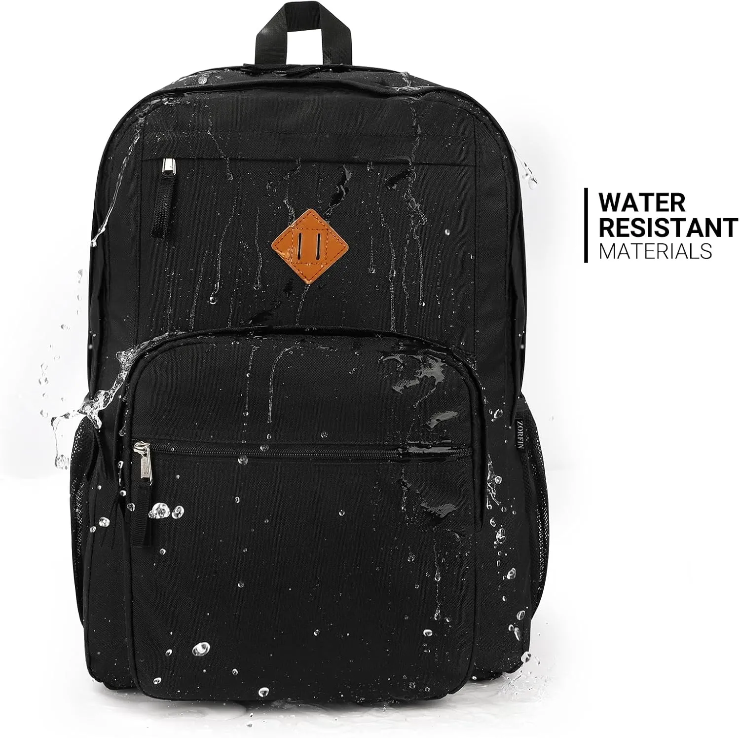 ZORFIN 36L Black Backpack for School Travel: Water Resistant Bookbag with 8 Compartments