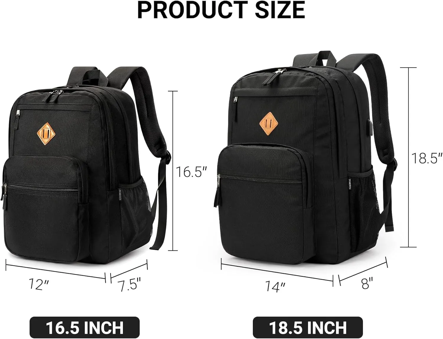 ZORFIN 36L Black Backpack for School Travel: Water Resistant Bookbag with 8 Compartments