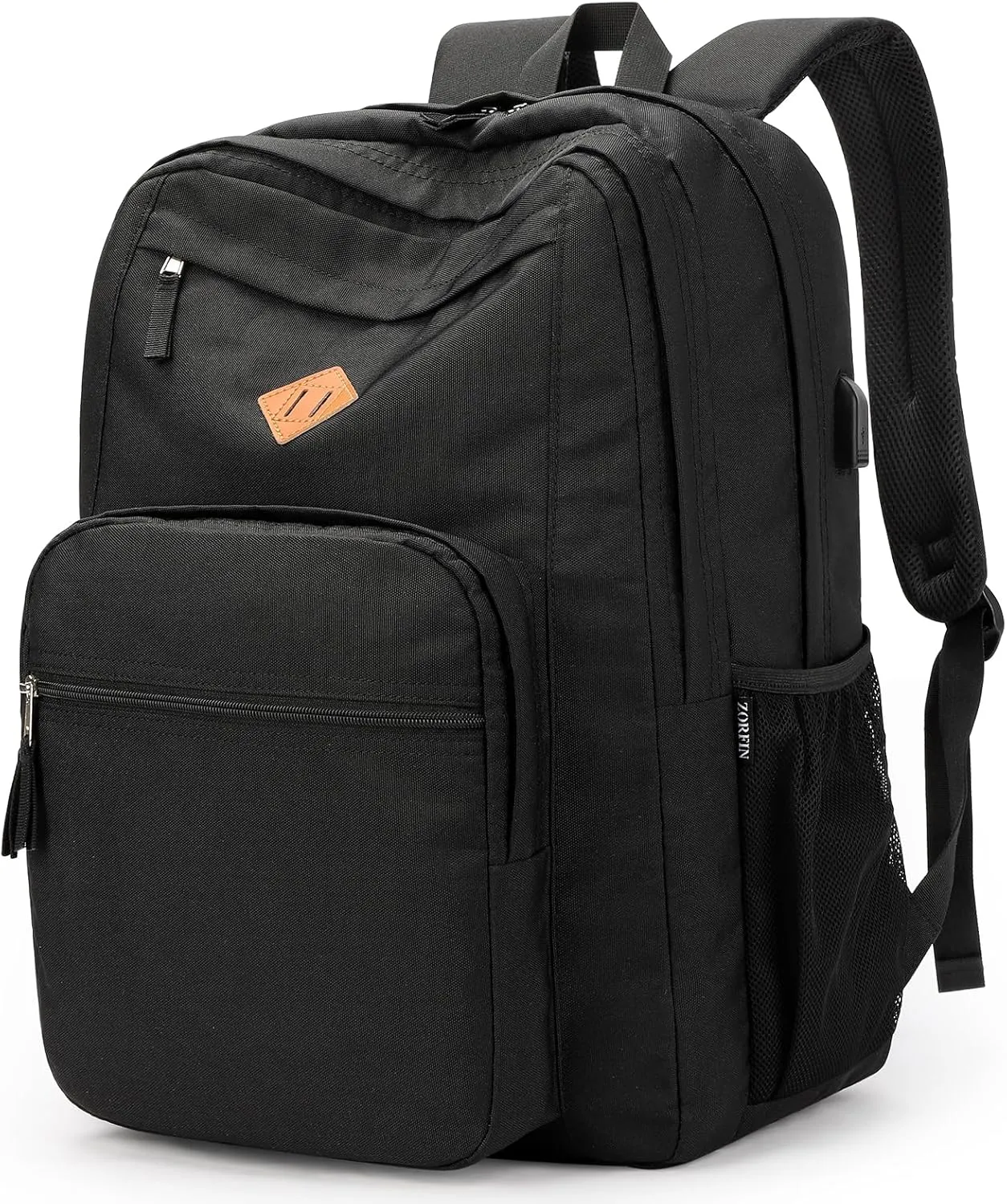 ZORFIN 36L Black Backpack for School Travel: Water Resistant Bookbag with 8 Compartments