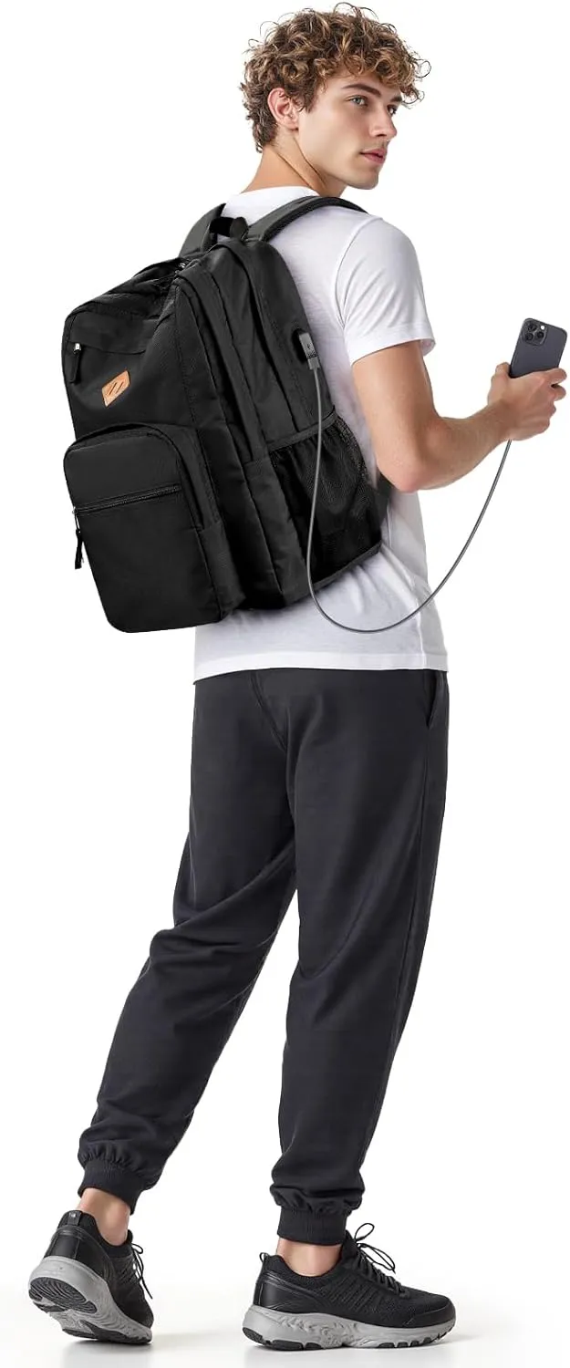ZORFIN 36L Black Backpack for School Travel: Water Resistant Bookbag with 8 Compartments